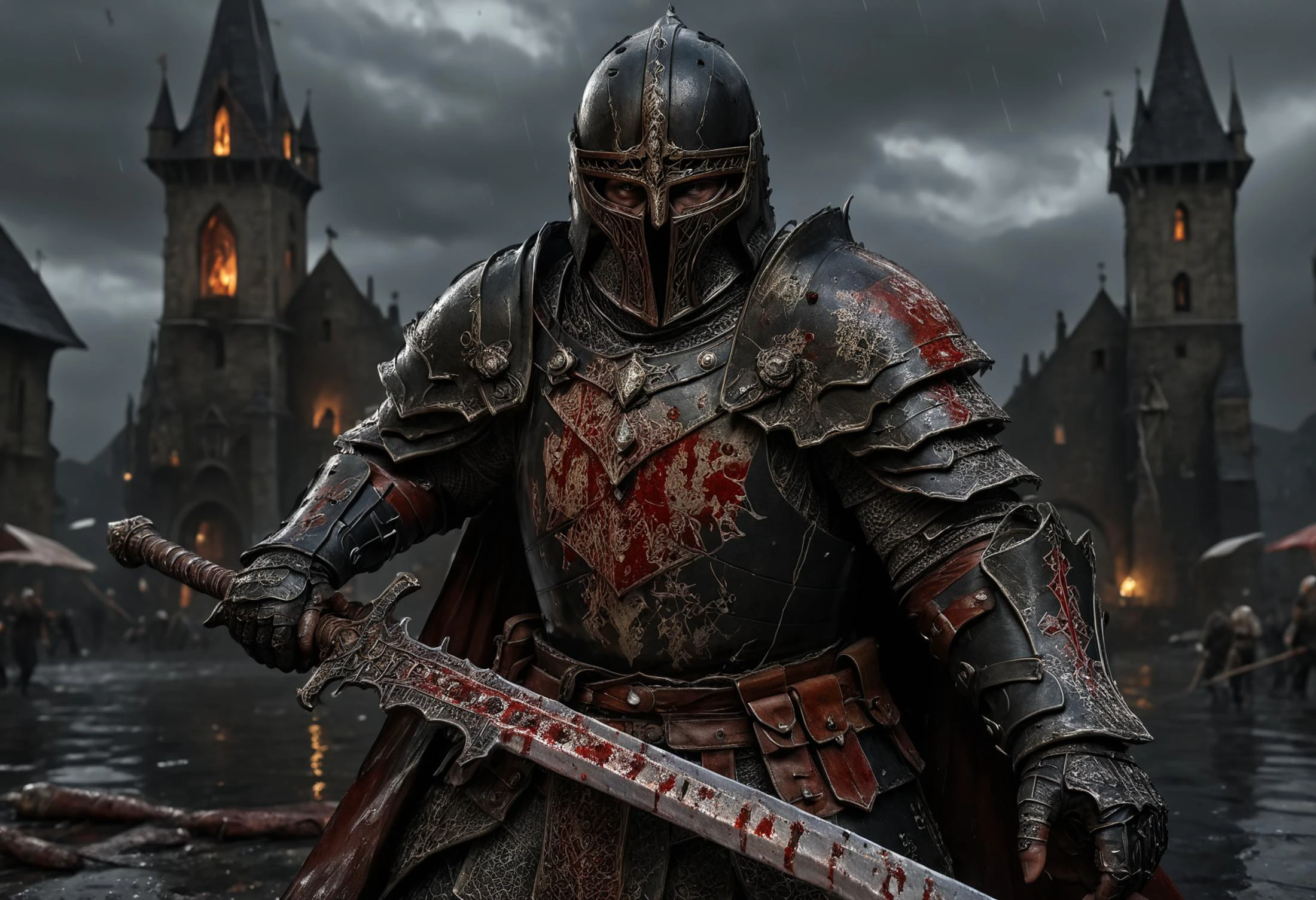 Masterpiece, 4k, high quality, High details, knight with sword in a fighting stance on a medieval battlefield,<lora:impaling:0.6>, few warrior in background,
high detail sword is bloody and battle worn, high detail gothic armor engraved with dark metallic, worn black Cape, knight helmet, armor is bloody and strongly battle worn,
heavy rain, The knight's armor reflects the light and rain, light from a moon, immersive, capturing the ferocity of medieval combat, dynamic lightning, <lora:add-detail-xl:3>, <lora:detailed_notrigger:1.8>, <lora:bloodyface:1.2>