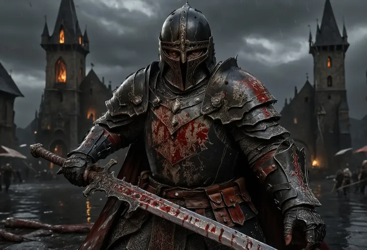 Masterpiece, 4k, high quality, High details, knight with sword in a fighting stance on a medieval battlefield,<lora:impaling:0.6>, few warrior in background, 
high detail sword is bloody and battle worn, high detail gothic armor engraved with dark metallic, worn black Cape, knight helmet, armor is bloody and strongly battle worn,
heavy rain, The knight's armor reflects the light and rain, light from a moon, immersive, capturing the ferocity of medieval combat, dynamic lightning, <lora:add-detail-xl:3>, <lora:detailed_notrigger:1.8>, <lora:bloodyface:1.2>