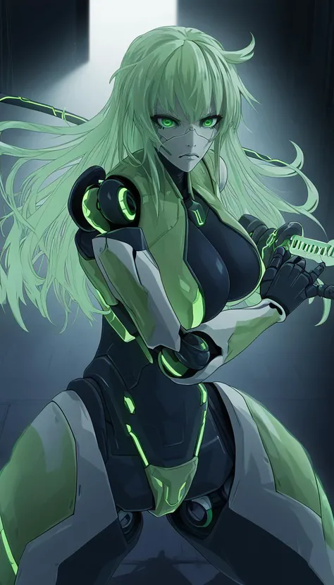 (score_9, score_8_up, score_7_up), 1girl, long hair, robot joints, robot skin, green eyes, battoujutsu sword stance, ready to draw, cable hair, unsheathing, incoming attack, large breasts, wide hips, wide stance, dark background, hallway, indoors, dim lighting, green neon, 3d, screenshot, <lora:RobotSkin_Pony_v1.05:1> <lora:battoujutsu_sword_stance:1> <lora:xb3DMask:1>