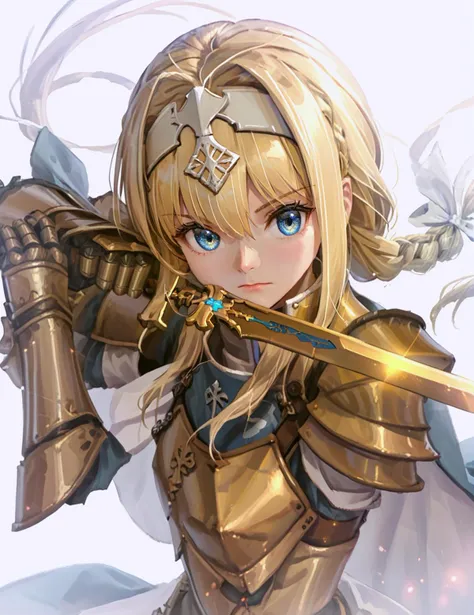 score_9, score_8_up, score_7_up, 
low guard sword parry stance, 1girl,solo,long hair,looking at viewer,bangs,blue eyes,blonde hair,white background,bow,hair between eyes,very long hair,closed mouth,upper body,braid,hair bow,hairband,cape,armor,floating hair,white bow,shoulder armor,gauntlets,pauldrons,braided ponytail,white hairband,breastplate,fantasy,blue cape,knight,glowing weapon,glowing sword,two-handed,gold armor,alice zuberg
<lora:low_guard_parry_stance:1>