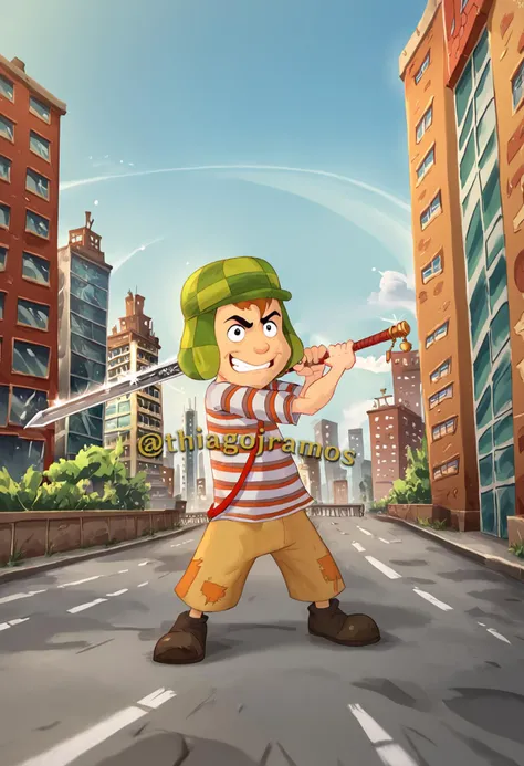 score_9, score_8_up, score_7_up, Chaves-TAS, striped shirt, incoming vertical sword attack, city, <lora:Chaves-TAS:1>, <lora:incoming_attack:0.8>, looking_at_viewer