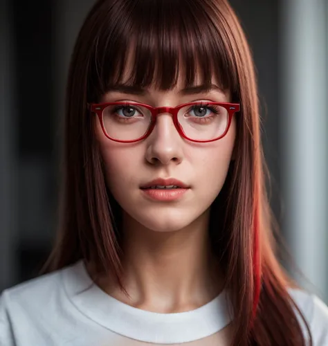 1girl, (young:1.3) ,glasses red, fringe, short and long red, photo,8k,sharp focus, face beautiful, Best quality, masterpiece, ultra high res, (photorealistic:1.4), eyes, raw photo, cinematic lighting, white glitter pullover shirt