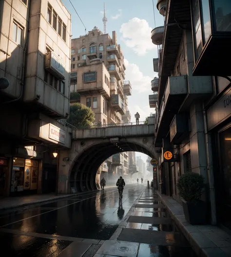 Graffiti style (Cinematic Photo:1.3) of (Ultrarealistic:1.3),(Romantic:1.3) ((masterpiece)),((best quality)),((high detal)),((realistic,)) Industrial age city, deep canyons in the middle, architectural streets, bazaars, Bridges, rainy days, steampunk, European architecture,Highly Detailed,(Crystal Cubism:1.3),(Bauhaus Art:1.3),(70s Art:1.3),((retrofuturism)),(science fiction),dystopian Art,ultrafine,detailed,future tech,by Clarence Holbrook CArter,by Ed Emshwiller,CGSociety,ArtStation contest winner,trending on ArtStation,DeviantArt contest winner,Fallout . Street art, vibrant, urban, detailed, tag, mural