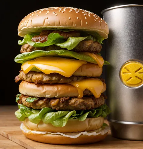 best quality, ultra high resolution, (photorealistic: 1.4), ultra-detailed, incredibly detailed, aluminum package, big mac, fried meat, wet lettuce, melting cheese, juice glass on the side