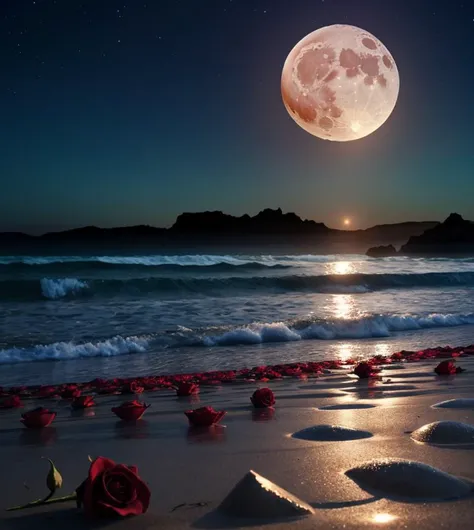 Splash water, long roses, crystal, on the beach, fantasy, sky night , moon, smoke , photo, HD, 8K , realistic, HD, intricate, 8k, highly detailed,fun, sharp focus,