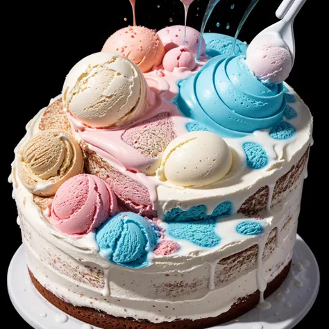 a ice cream, cake, liquid made of liquid splashes, merging, melting, splashing, droplets, mixing, fading away, exploding, swirling, intricate detail, modelshoot style, dreamlikeart, dramatic lighting. 8k, highly detailed,