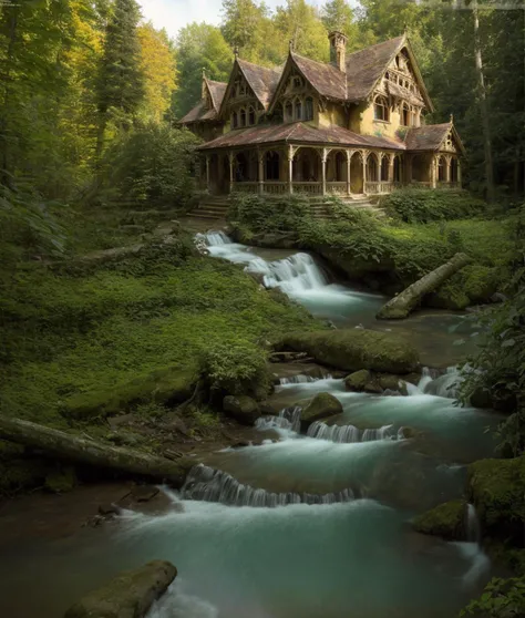 Long exposure photo of old painting style, abandoned vampire villa in a forest, oversaturated, colorful, highly detailed, high resolution, ray tracing reflections, dramatic lighting, 8k vibrant colors, detailed acrylic, intricate complexity, soft natural volumetric cinematic perfect light by Alphonse Mucha . Blurred motion, streaks of light, surreal, dreamy, ghosting effect, highly detailed