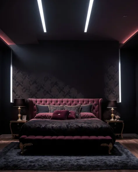 Neon noir Masterpiece, 4K, beautiful design, absurdres, ,lh_room, a bedroom with a bed and a chandelier, (masterpiece:1.5) (best quality) (detailed) (intricate) (8k) (HDR) (wallpaper) (cinematic lighting) (sharp focus) . Cyberpunk, dark, rainy streets, neon signs, high contrast, low light, vibrant, highly detailed