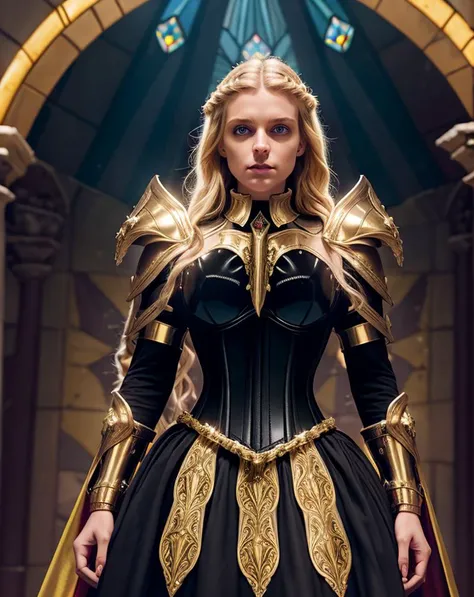 upper body of paladin lady in ornate golden armor, black collar, pauldrons, breastplate, corset, glowing halo, single braid, blonde, yellow glowing eyes, bright pupils, eye focus, red cape, temple indoors, stained glass windows, night, moonlight, particles, light beam, chromatic aberration