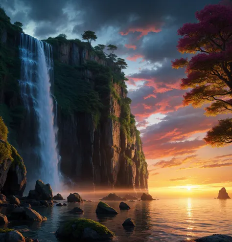 fantasy landscape, sea, giant tree, sunset, reflection, dusk, glowing waterfall, depressing, orb,, (masterpiece:1.2), (epic composition:1.4), (talent:1.2), ultra detailed, cinematic lighting, highly detailed, insanely detailed, (masterpiece:1.2), (epic composition:1.4), (talent:1.2), ultra detailed, cinematic lighting, highly detailed, insanely detailed, (photorealistic:1.2), hdr, 8k, exquisite, sharp, elegant, ambient lighting, fantasy vivid colors, high quality