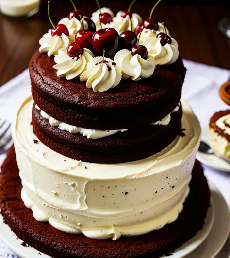 chocolate cake, cream and a cherry on the cake