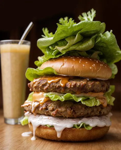 best quality, ultra high resolution, (photorealistic: 1.4), ultra-detailed, incredibly detailed, aluminum package, big mac, fried meat, wet lettuce, melting cheese, juice glass on the side