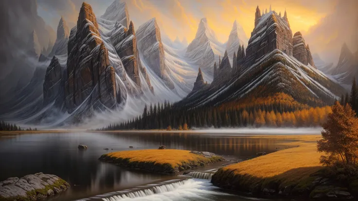 excellent oil painting of a mountain landscape in autumn,vibrant colors,powerfull style with epic dramatism,small willage,young passants and cows,river and lake, dark vampire castle in mountian peak, best quality,maximum quality,intricate details,ultrasahrp,ambient oclusion,realistic shadows,art by Bastien Lecouffe Deharme,8k,oil art,<lora:add_detail:1> <lora:royta v1.1:0.4>,
