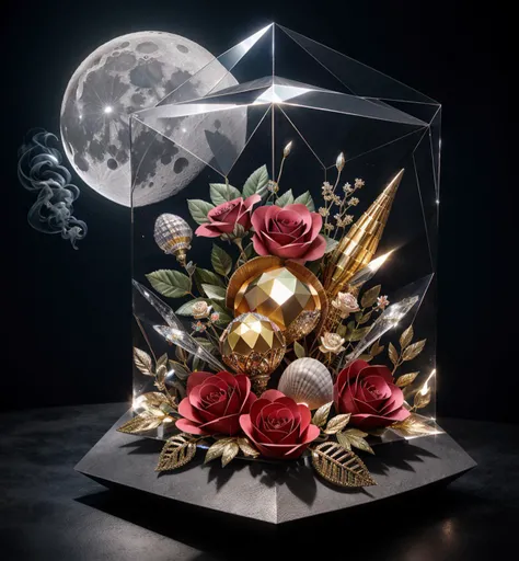 Cubist artwork ornate flowers roses and shiny large shells, diamond crystal,fantasy, sky night , moon, smoke , fire, photo, HD, 8K . Deep 3D, volumetric, dimensional, depth, thick paper, high stack, heavy texture, tangible layers . Geometric shapes, abstract, innovative, revolutionary