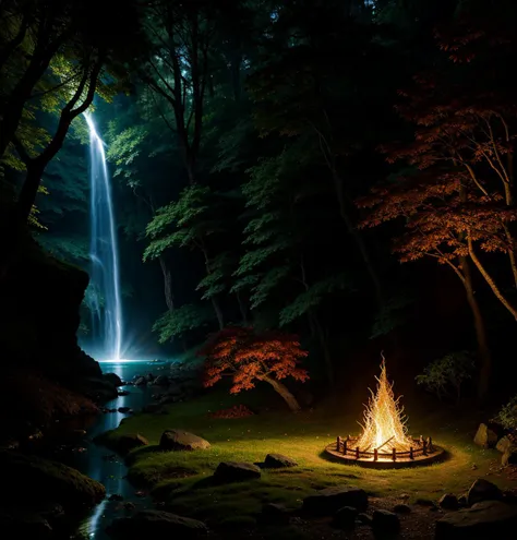 digital art, Elven ring with intricate design, luminescent, glowing, burning with fire magic, water, intricately detailed, J.R.R. Tolkien's Middle-earth, dark spring forest at night background, in deep shadows, grandiose design, volumetric lighting, strong rim light, radiant light, refraction
