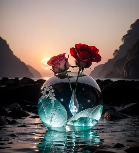 play-doh style flowers roses, stones transparent and diamond crystal in water, sea, fantasy, moon in night . sculpture, clay art, centered composition, Claymation
