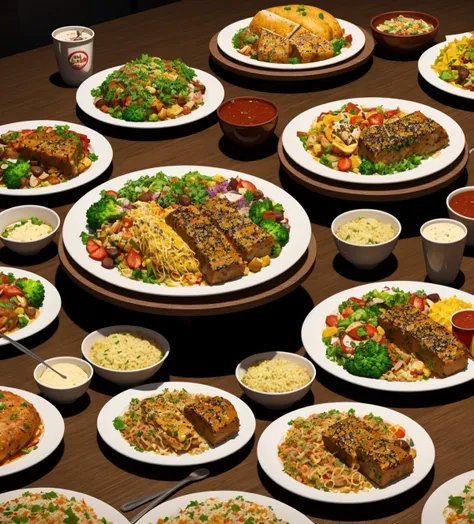 Advertising poster style there are many plates of food on the table ready to be eaten, anime food, super realistic food picture, the table is full of food, food commercial 4 k, ( ( makoto shinkai ) ), overflowing feast buffet table, colorful anime movie background, anime background art, style of makoto shinkai, realistic anime 3 d style, delicious food . Professional, modern, product-focused, commercial, eye-catching, highly detailed