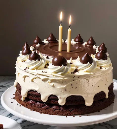 Surrealist art Chocolate cake, knolling, knolling layout, cream white, highly detailed, depth, many parts, lumen render, 8k, Birthday cake filled with gems . Dreamlike, mysterious, provocative, symbolic, intricate, detailed