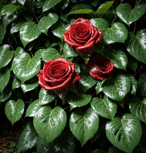 A jungle, with intense rainfall, monochromatic, vines all around, giant and wet trees, masterpiece, best quality, high quality, extremely detailed CG unity 8k wallpaper, oil paiting, award winning photography, Bokeh, Depth of Field, HDR, bloom, flowers roses , many diamond crystal, on the beach, fantasy, sky night , moon, smoke , photo, HD, 8K , realistic, HD, intricate, 8k, highly detailed,fun, sharp focus,