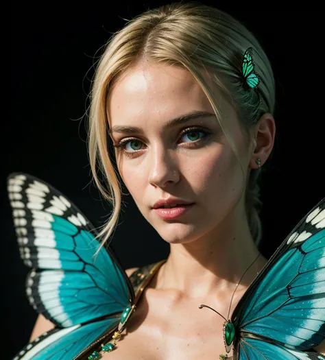 Real estate photography style 8k portrait of beautiful with white blue gradient hair, intricate, elegant, highly detailed, majestic, golden, surreal painting green lights butterfly filigree, broken glass, hdr . Professional, inviting, well-lit, high-resolution, property-focused, commercial, highly detailed