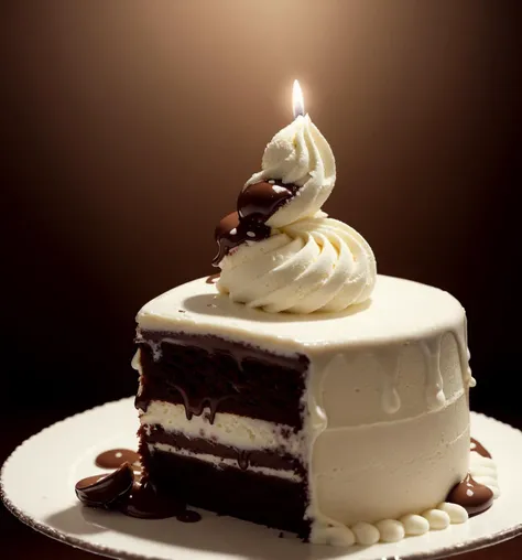 Dreamscape cake chocolate, liquid splashes, intricate detail, model shoot style, dreamlike art, dramatic lighting. 8k, highly detailed, cake ice cream white . . Surreal, ethereal, dreamy, mysterious, fantasy, highly detailed