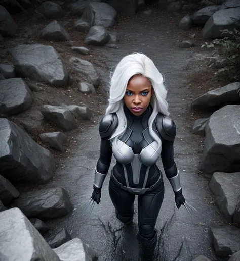 from above, portrait of storm (x-men) in heavy power armor black, hair white, night, rain, cape white, pauldrons, glowing light eyes, lightning, film grain