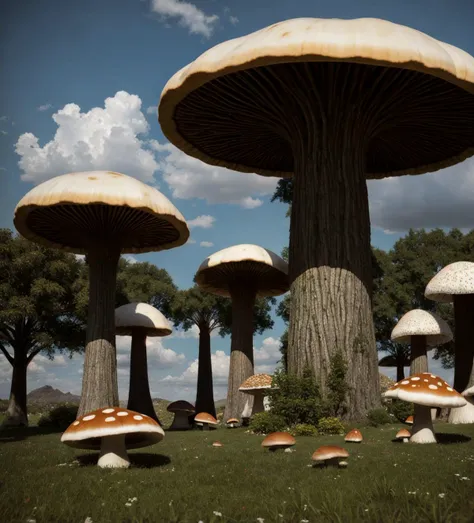 photorealistic, surreal landscape with giant mushrooms and intricate architecture,tree, 3D , 8 k, 32 k, HDR, realistic,