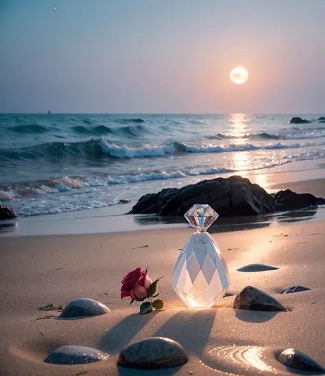 waning moon. flowers roses, stones transparent and diamond crystal in water, on the beach, fantasy, smoke , photo, HD, 8K, colous, sea,