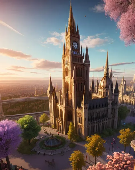 landscape, fantasy city, magic tower, trees, flowers, particles, day, sun, volumetric lighting, best quality, masterpiece, realistic