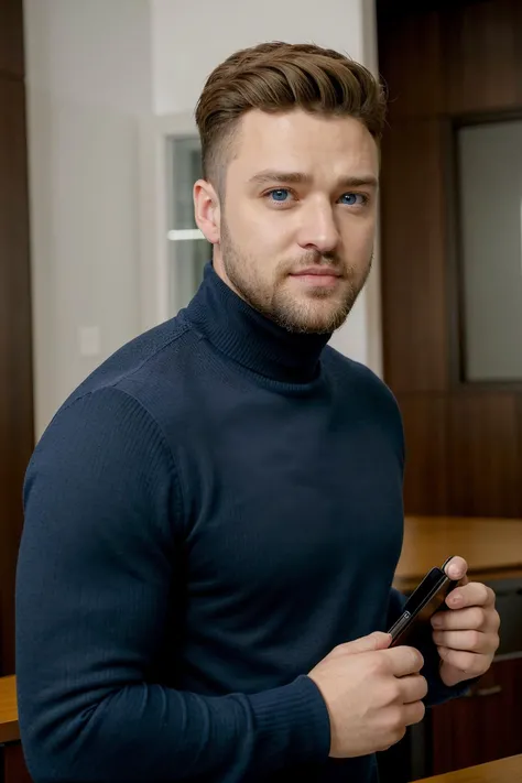 justintimeberlake wearing turtleneck, [blue eyes], beard, stubble, 
upper body, holding briefcase, 
 <lora:Justin_Timberlake_V1:0.6>