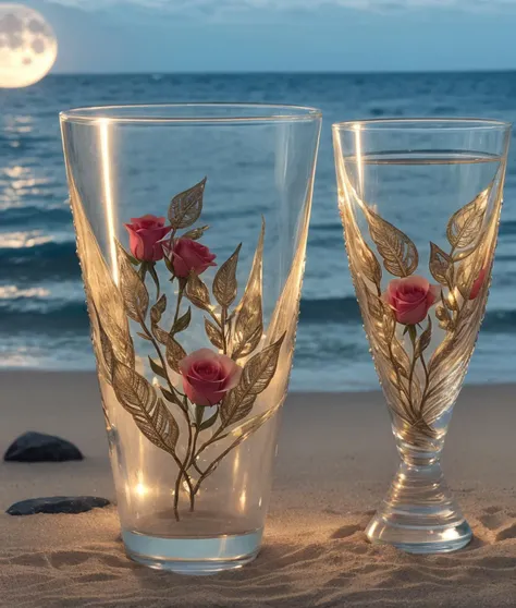Tribal style glass style waning moon. flowers roses, stones transparent and diamond crystal in water, on the beach, fantasy, smoke , photo, HD, 8K, colous, sea, . Vibrant, beautiful, translucent, intricate, detailed . Indigenous, ethnic, traditional patterns, bold, natural colors, highly detailed