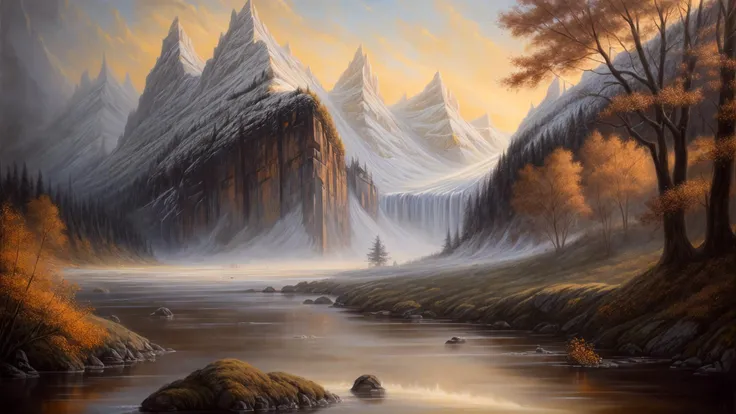 excellent oil painting of a mountain landscape in autumn,vibrant colors,powerfull style with epic dramatism,small willage,young passants and cows,river and lake, dark vampire castle in mountian peak, best quality,maximum quality,intricate details,ultrasahrp,ambient oclusion,realistic shadows,art by Bastien Lecouffe Deharme,8k,oil art,<lora:add_detail:1> <lora:royta v1.1:0.4>,