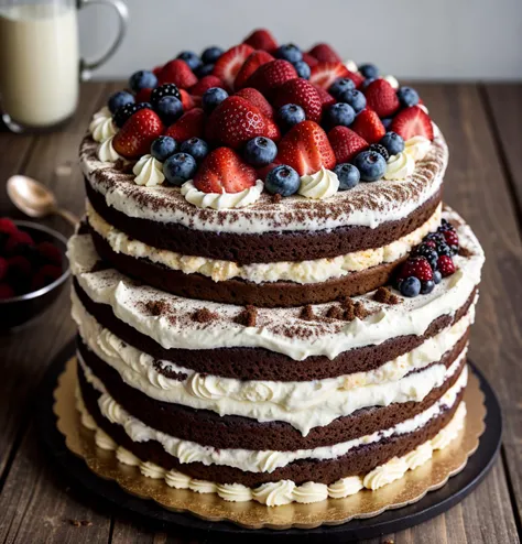 Cake, tiramisu , flowers , fruit, cream, intricate detail ,dark background , HD. Photography