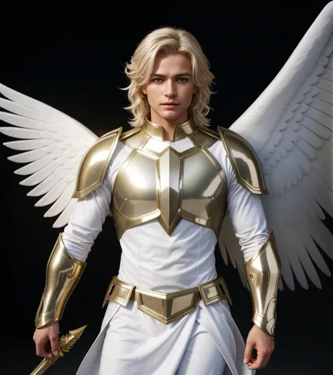 Archangel Michael, warrior , dress male in white, hair blonde, Best Quality,ultra-detailliert,hight resolution,hight resolution,4K,Portrait in 4K,8K,8K Portrait, extremely details CG,Realistic,Raw photo,Real person,a portrait photo of,Photorealistic,Shiny skin,Detailed skin,