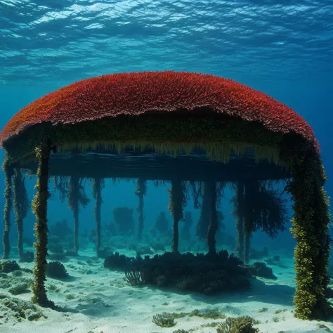 Picture a stable diffusion process applied to an underwater scene. Show how light diffuses and interacts with marine life and submerged structures.