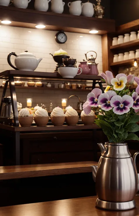 cinematic film still ice cream shop, fruit, cappuccino, latte, steampunk,kettle,flowers, good morning, coffee table,highly detailed, octane render, studio, coffee shop, coffee pot,cups figurines,teapots,macarons, vibrant neon, epoxy pansies . shallow depth of field, vignette, highly detailed, high budget, bokeh, cinemascope, moody, epic, gorgeous, film grain, grainy