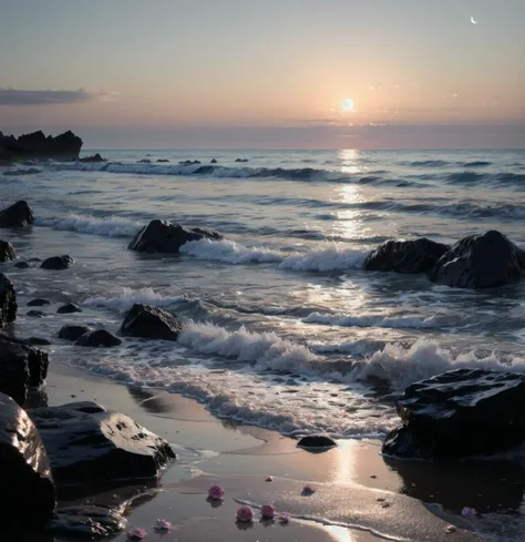 waning moon. flowers roses, stones transparent and diamond crystal in water, on the beach, fantasy, smoke , photo, HD, 8K