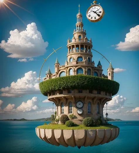 Surrealist painting of a floating island with giant clock gears, populated with mythical creatures