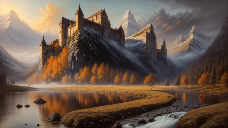 excellent oil painting of a mountain landscape in autumn,vibrant colors,powerfull style with epic dramatism,small willage,young passants and cows,river and lake, dark vampire castle in mountian peak, best quality,maximum quality,intricate details,ultrasahrp,ambient oclusion,realistic shadows,art by Bastien Lecouffe Deharme,8k,oil art,<lora:add_detail:1> <lora:royta v1.1:0.4>,