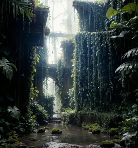 A jungle, with intense rainfall, monochromatic, vines all around, giant and wet trees, masterpiece, best quality, high quality, extremely detailed CG unity 8k wallpaper, oil paiting, award winning photography, Bokeh, Depth of Field, HDR, bloom, Chromatic Aberration ,Photorealistic,extremely detailed, trending on artstation, trending on CGsociety, Intricate, High Detail, dramatic, art by midjourney, volumetric lighting