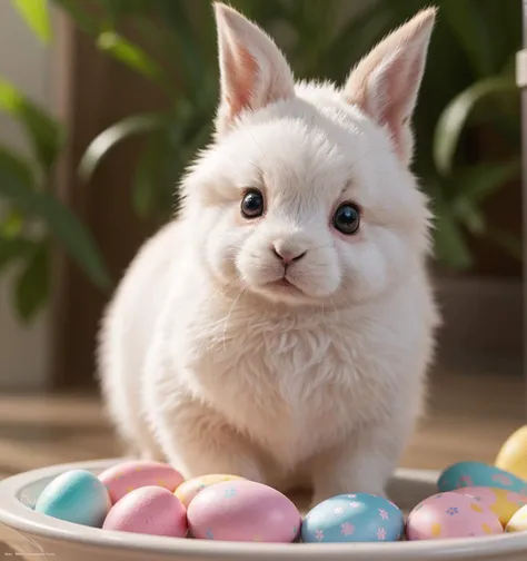 cinematic film still Beautiful animal little bunny with dreamy eyes, volumetric light, hyper realistic, intricate detail, illustration, painting, watercolor, kawaii chibi, eating easter egg, Aww!, Shallow depth of field, pastel color palette, Soft Lighting, Minimalistic, Modern, Digital painting, art by lois van baarle and ross tran and artgerm, Trending on Artstation HQ, highly detailed . shallow depth of field, vignette, highly detailed, high budget, bokeh, cinemascope, moody, epic, gorgeous, film grain, grainy