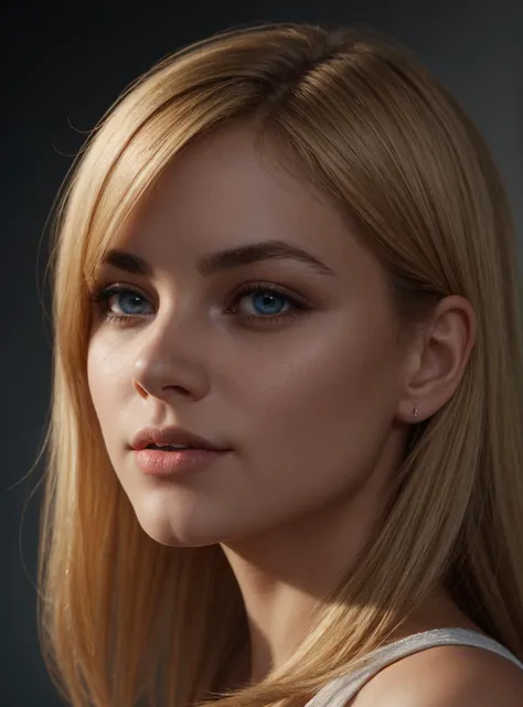 1girl, closeup of a beautiful young woman, big clear blue eyes, front view, full lips, standing straight, long blonde hair, huge hair, bangs, half smile, small petite breasts, highly detailed, soft tones, extreme detail, dark background, (detailed textures:1.1), (plain background:1.2), gradient background, dramatic light, <lora:oil2.0_2-512LORA:0.5> (masterpiece:1.2), (best quality:1.2), (extremely detailed:1.2), (extremely detailed face), (photorealistic:1.2), (ultra detailed), 8k, Warm side lighting. Natural lighting, volumetric light, real shadows, realistic, dslr, cinematic lighting, high quality, digital photography, rim lights,