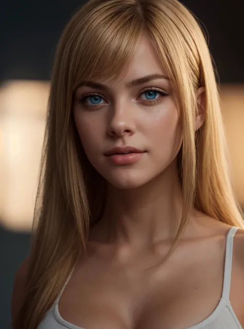 1girl, closeup of a beautiful young woman, big clear blue eyes, front view, full lips, standing straight, long blonde hair, huge hair, bangs, half smile, small petite breasts, highly detailed, soft tones, extreme detail, dark background, (detailed textures:1.1), (plain background:1.2), gradient background, dramatic light, <lora:oil2.0_2-512LORA:0.5> (masterpiece:1.2), (best quality:1.2), (extremely detailed:1.2), (extremely detailed face), (photorealistic:1.2), (ultra detailed), 8k, Warm side lighting. Natural lighting, volumetric light, real shadows, realistic, dslr, cinematic lighting, high quality, digital photography, rim lights,