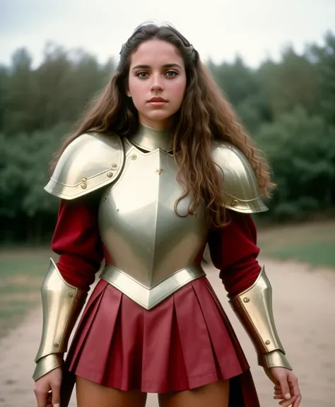 wizard, 1girl ,1980s, beauty face, armor gold, skirt red, ((realism)), extremely high quality RAW photograph, ultra detailed photograph, sharp focus, high resolution, (detailed skin:1,3),high quality, film grain, Fujifilm XT3,Highly Detailed, movie <lora:AZovyaRPGArtistToolsLORAV2art:1>