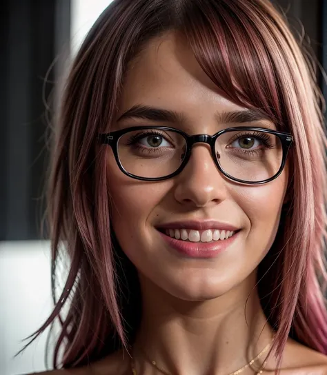 (Realistic),masterpiece,best quality,cinematic lighting,natural shadow,looking at viewer,Worm's Eye View,edgCorset,1girl,photo of a cute girl,full body,light smile,charming,20yo,glasses,Side-swept bangs Hair.Hair between eyes,Hot pink hair,Lace-up,Inlay,Raw photo,8k,uhd,dslr,soft,lighting,high quality,film grain,hyperrealismus,hyperrealistic,Atmospheric,Realistic Skin Texture,realistic hair details,ultra quality,best quality,Hyper Realism,