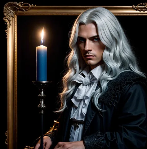 8k portrait of beautiful with white blue gradient hair, intricate1man, handsome man, portrait upper body of alucard castlevania wear court suit in bedroom gothic room, candle, looking at viewer, dim light, dark, horror \(theme\), realistic, long blonde, <lora:ARWBedroomGothic:1> <lora:ARWAlucard:1>