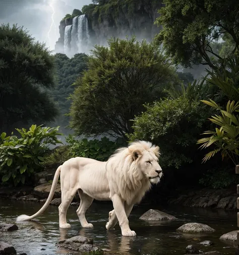 White lion, wet fur, heavy rain, on a riverbank, vibrantly colored vegetation in the environment, ultra detailed, intricate artwork, 8Khyper realistic cover photo dazzling in color, lighting night in the background, intricate. definition of blockbuster, cinematic, 8k resolution photo realistic masterpiece