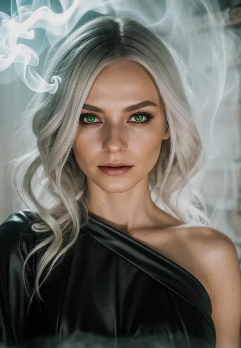 witch, hair white, Best quality, smoke green, Pumpkin Halloween, masterpiece, ultra high res, (photo realistic:1.4), raw photo, cinematic lighting, blender, 8 k, Decide on the type of magic your witch practices. Is it elemental magic, potion-making, or spellcasting? Be creative with their magical abilities.