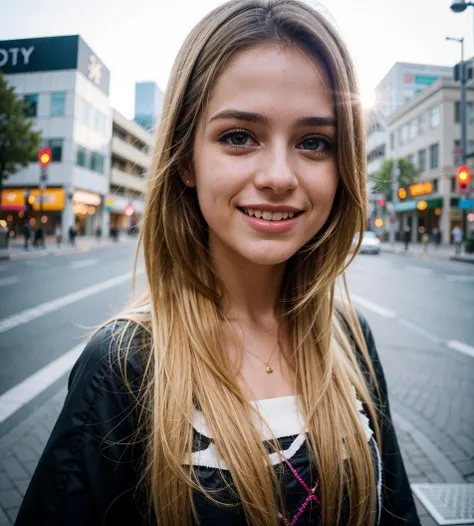 Portrait photo of a young european girl, (laughing:0.7), posing, look at a camera, blonde pink long hair, complex city background, backlit, (cinematic:1.5), epic realistic, hyper detailed, insane details, intricate details, accent lighting, soft volumetric light, bokeh, (dramatic light:1.2), (neutral colors:1.3), cross process