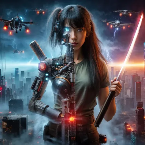 1girl, aircraft, black hair, bridge, building, city, city lights, cityscape, cloud, cyberpunk, cyborg, explosion, fireworks, giant, helicopter, katana, lightning, lights, long hair, night, planet, rain, realistic, red eyes, science fiction, sky, skyline, skyscraper, solo, space craft, star \(sky\), sun, sword, tower, water, weapon